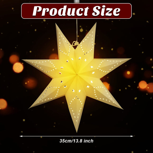 3 Set Star Paper Lantern Hanging Hollow Out Star Light White 7 Pointed Glitter Star with LED Light Battery Box Hanging Decorations for Christmas Birthday Holiday Wedding Home 13.8 Inch