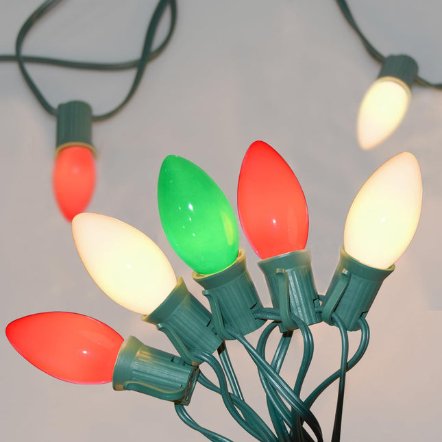 SUNSGNE C9 Christmas String Lights, 25 Feet Vintage Christmas Tree Lights with 26 7W Red Green White Glass Bulbs(1 Spare), Connectable Hanging Lights for Patio Balcony Xmas Decor, Green Wire