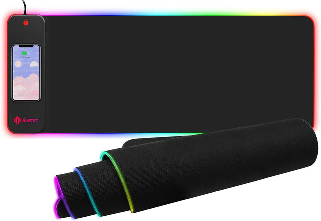 RGB Gaming Mouse Pad with 15W Fast Wireless Charging, AURTEC Extra Large Waterproof and Non-Slip Rubber Base Mouse and Keyboard Mat with 10 Lighting Modes, for Gaming, Working, PC, Mac.