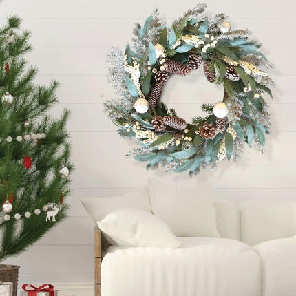 Qingbei Rina Pre-Lit Christmas Wreaths for Front Door,22 Inch Winter Door Wreath with Star Lights,Outdoor Christmas Wreath with Pinecones and Silver Balls, Xmas Windows Fireplace Farmhouse Home Decor
