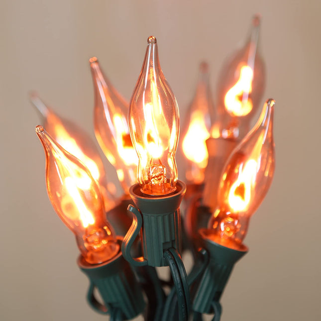 12.8Ft Christmas Decorations Flickering Flame String Lights with 12 Pack Clear C7 Flame E12 Light Bulbs(2 Spare), Great for Christmas Decorations Indoor Outdoor Home Patio Party Lights, Green Wire