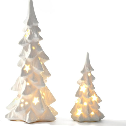 DN DECONATION White Ceramic Christmas Tree That Light Up, 2Pcs Porcelain Christmas Tree with Lights, Stars and Dots Cutouts Prelit Tabletop Xmas Tree Figurines, Modern Christmas Decor,