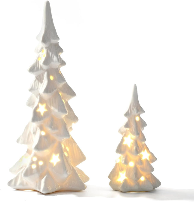 DN DECONATION White Ceramic Christmas Tree That Light Up, 2Pcs Porcelain Christmas Tree with Lights, Stars and Dots Cutouts Prelit Tabletop Xmas Tree Figurines, Modern Christmas Decor,