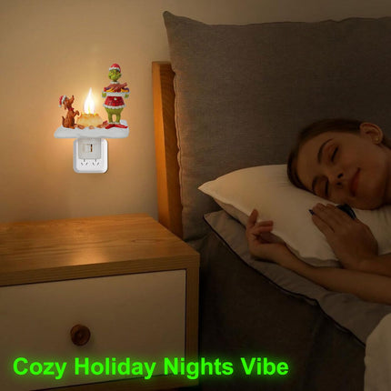 Grinnch Christmas Decorations, Ghost Campfire Flickering Nightlight Grinnch Holding Food Ornaments, Christmas Night Lights Plug into Wall Decorations for Wall Party Bedroom Living Room Hallway