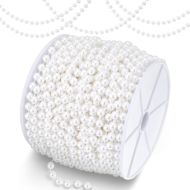 98 Feet Christmas Tree Beads Artificial Pearls Beads Garland Plastic Beads Roll for Xmas Tree DIY Supplies and Holiday Decorations (White)