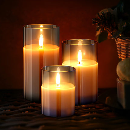Lecone Glass Flameless Candles, Battery Operated Flameless Candles with Remote Control and Timer, Real Wax Candles LED Flickering Light for Festival Wedding Home Party Christmas Decor(Pack of 3)-Gold