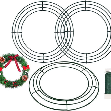 3pcs Round Metal Wire Circle Wreath Frame Form Hanger with Flexible Paddle Wire for Crafts,Christmas Wreaths Tree,Garland,Floral Flower Arrangements, Year and Holidays Decor (Green, 8")