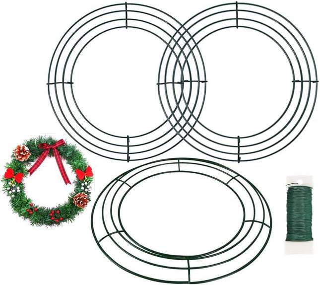 3pcs Round Metal Wire Circle Wreath Frame Form Hanger with Flexible Paddle Wire for Crafts,Christmas Wreaths Tree,Garland,Floral Flower Arrangements, Year and Holidays Decor (Green, 8")