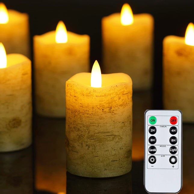 Homemory Flameless Votive Candles with Timer Remote, 2" x 3" Birch Bark Real Wax, Realistic Black Wick Battery Operated Candles, 6 Pack for Wedding, Party and Holiday Decoration