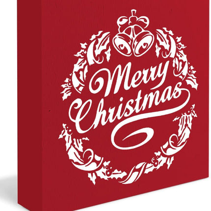 Merry Christmas Wooden Box Sign, Red Christmas Decorations, Merry Christmas Decor, Farmhouse Christmas Wreath Wood Signs for Home Office Desk Table Shelf Decoration, 5x5 Inch
