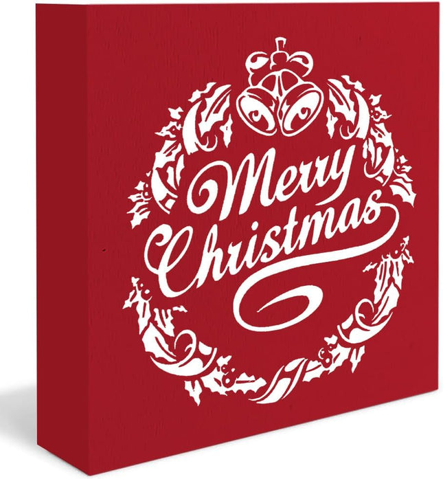 Merry Christmas Wooden Box Sign, Red Christmas Decorations, Merry Christmas Decor, Farmhouse Christmas Wreath Wood Signs for Home Office Desk Table Shelf Decoration, 5x5 Inch