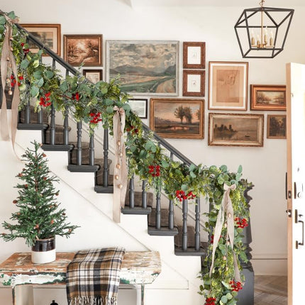 6ft Christmas Pine Garland Decoration, Artificail Red Berry Garland Christmas Cypress Garland Eucalyptus Leaves for Winter Holiday Fireplace Mantel Table Home Decor