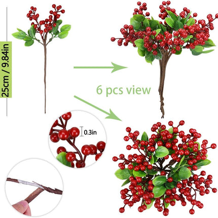 Felice Arts 6 Pack Christmas Picks Artificial Red Berry Stems Fake Holly Berries for Xmas Tree Ornaments DIY Wreath Vase Fireplace Decor