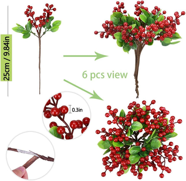 Felice Arts 6 Pack Christmas Picks Artificial Red Berry Stems Fake Holly Berries for Xmas Tree Ornaments DIY Wreath Vase Fireplace Decor
