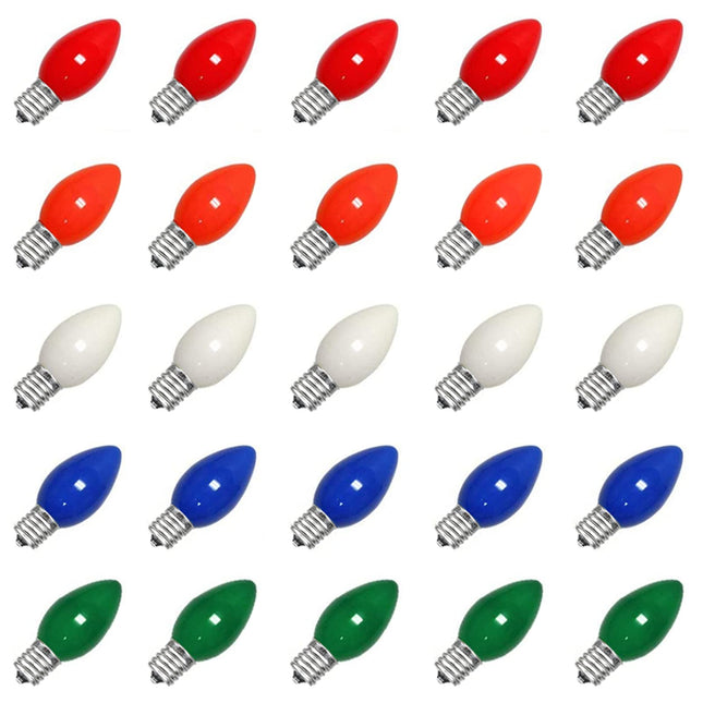 25 Pack C7 Multicolor Christmas Replacement Bulbs, Vintage Multicolor Ceramic Light Bulbs Fits C7 Christmas Indoor Outdoor String Light, C7/E12 Candelabra Base, 5 Watt- Multicolor