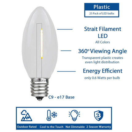 ‎Novelty Lights 25PK C9 LED Plastic Filament Outdoor Christmas Replacement Bulbs LED Christmas Bulbs, Led Bulbs, Replacement Outdoor Light Bulbs, C9 Light Bulbs (Red)