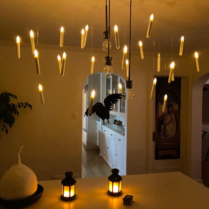 Homemory Hanging Floating Candles with Wand Remote and String, 12 Pcs Flying Flameless LED Taper Candles Warm White Light, Battery Operated Window Candles with Wand for Halloween Christmas Party