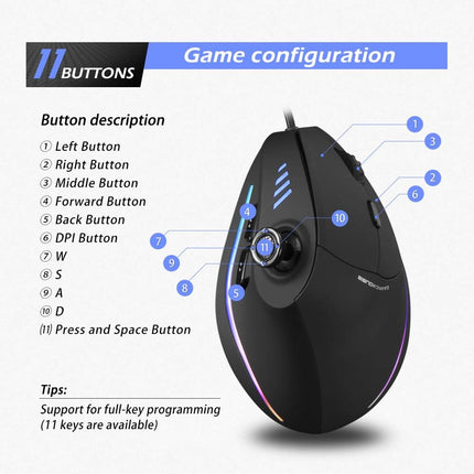 Vertical Mouse, Ergonomic USB Wired Vertical Mouse with [5 D Rocker] [10000 DPI] [11 Programmable Buttons], RGB Gaming Mouse for Gamer/PC/ Laptop/Computer