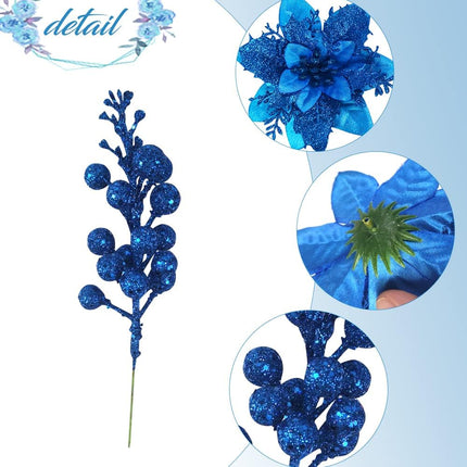 Rainmae 12pcs 5.5in Christmas Artificial Flowers and 12pcs Berry Stems, Royal Blue Glitter Poinsettia Flowers Decorations, Christmas Tree Ornaments for Xmas Wreath DIY Garland Ornaments Wedding Party