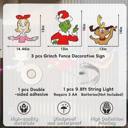 3 Pcs Christmas Fence Peekers with LED String Lights, Christmas Yard Decoration Boards Outdoor Light Up, Battery Operated Christmas Decor for Tree Topper Fence Yard Garden Lawn