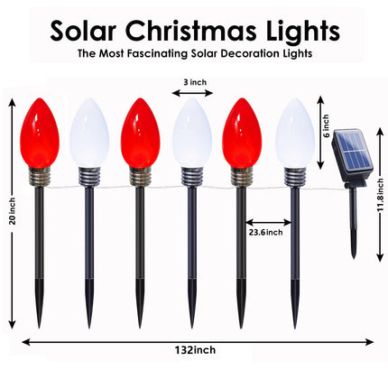 12-Pack Jumbo C9 Red White Solar Christmas Lights, d 12LED Outdoor Christmas Decorations, Solar Powered Lights Waterproof for Outside Xmas Path Garden Yard and Patio Decoration (Red and White)