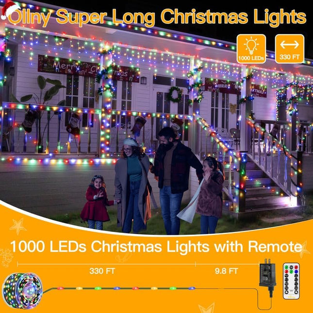 Ollny Christmas Lights 1000 LED 330 FT, IP67 Waterproof Plug in Christmas Tree Lights with Remote, 8 Modes, 3 Timers, Dimmable, House Xmas Indoor Decorations Outdoor Christmas Lights (Multicolored)