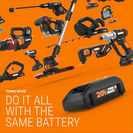 WORX WG801 20V Shear Shrubber Trimmer, Battery and Charger Included,Black and Orange & WA3575 20V PowerShare 2.0 Ah Replacement Battery, Orange and Black