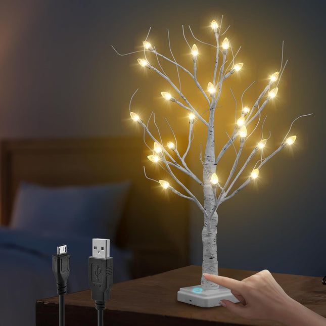 Anycosy Tabletop Birch Christmas Tree, 2Ft 24 LED Warm White Lights Lighted Birch Tree, Battery/USB Operated Artificial Tree Lamp for Indoor Christmas Decorations Mantel Home Decor
