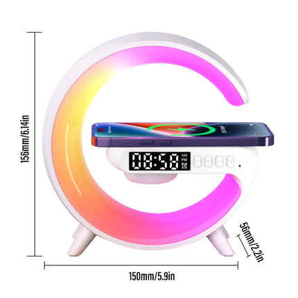 Longzhuo LED Table Lamp with Wireless Charger Atmosphere Lamp Bluetooth Speaker Alarm Clock Night Light for Bedside Dorm Office, Kids Adults Desk Table Lamp Christmas Home Decor (White)