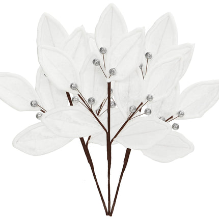 Christmas Tree Picks Leaf Berry Sprays Artificial Velvet Bay Leaves Holly Berries Stems Decorative Sticks for Xmas Tree Topper Vase Filler Branches Flower Arrangment Craft Home Decor Set of 3 (White)