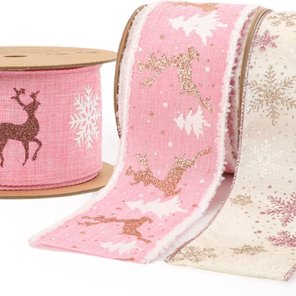 LaRibbons Pink Christmas Wired Ribbon, 2.5 Inch x 10 Yards Champagne Pink Snowflake Satin Ribbon for Tree Decoration,Wreath,Bows, Wrapping