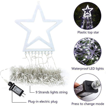 Outdoor Christmas Decoration Star String Lights,320 LED 16.4ft Christmas Lights Waterfall Tree Lights with 13" Topper Star,Plug-in Hanging Fairy Lights for Xmas Year Holiday Party