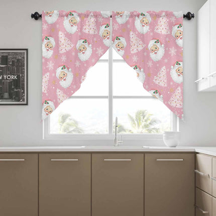 Christmas Swag Curtains,Pink Santa Claus Kitchen Valances Rod Pocket Curtain Tier Pair Swag Topper,Xmas Tree Snowflake 2 Panels Window Treatment for Bathroom Living Room