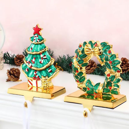 Stocking Holders for Mantel, Christmas Stocking Hangers for Fireplace, Xmas Wreath Theme Holders Stocking Hooks for Mantelpiece, Metal Christmas Tree Stocking Hangers for Xmas Decoration
