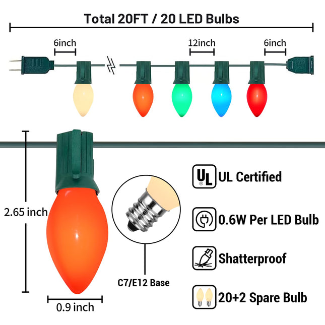 C7 LED Multicolor Christmas Lights 20Ft Outdoor String Lights with 22 Multicolor LED Ceramic Bulbs, Hanging Vintage Christmas Lights for Christmas Party Indoor Outdoor Decorations, Green Wire