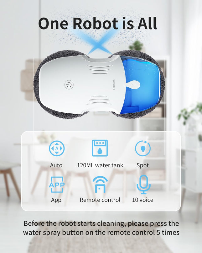Fmart Window Cleaning Robot 120Ml Capacity Water Tank Window Cleaner Robot Intelligent Double Water Spray Technology 3800Pa Suction Power Ai Edge Detection Technology App Control Robot Window Cleaner