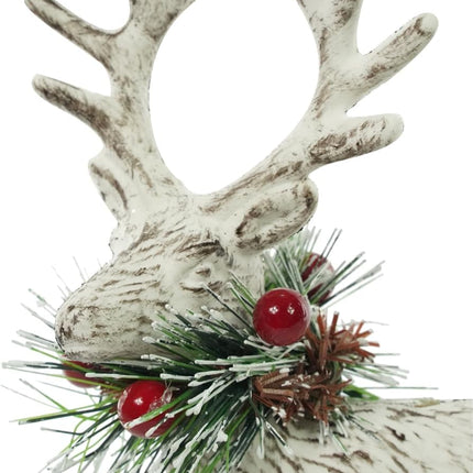 iPEGTOP 4Pcs Christmas Reindeers Deer Figurine Decor, 8.5" White Rustic Winter Deer with Pine Branch Wreath Red Berries Collar, Christmas Elk Tabletop Standing Statues Decorations