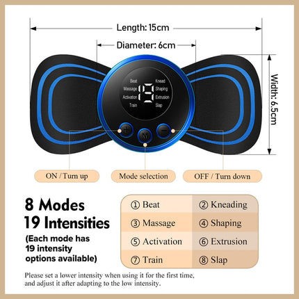 HAUSHUT Electric USB Rechargeable EMS Mini Cervical Vertebra Patch Gel Butterfly Massager Pad Stimulator for Muscle Neck Back Legs Body Pain Relief and Shoulder Relaxing Therapy Machine Tool Black
