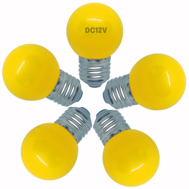 DC 12V Low Voltage Light Bulbs, Yellow LED 1W G14 G45 Mini Globe E26 Colored Night Lights, 10W Equivalent for Christmas Halloween Holiday String Fairy Mood Lights Decor, 5 Pack