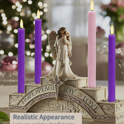 SHYMERY Flameless Advent Candles,Real Wax Battery Operated Electric LED Taper Candles with Remote Timer, Set of 4 Purple & Pink Flickering for Wreath Thanksgiving Christmas Outdoor Centerpieces