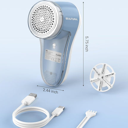 BEAUTURAL Fabric Shaver and Lint Remover, Rechargeable Sweater Defuzzer | 6-Leaf Blades, Electric Clothes Shavers to Trim Fuzz and Pills, Remove Pilling for Clothing, Furniture, Couch, Blanket - Blue