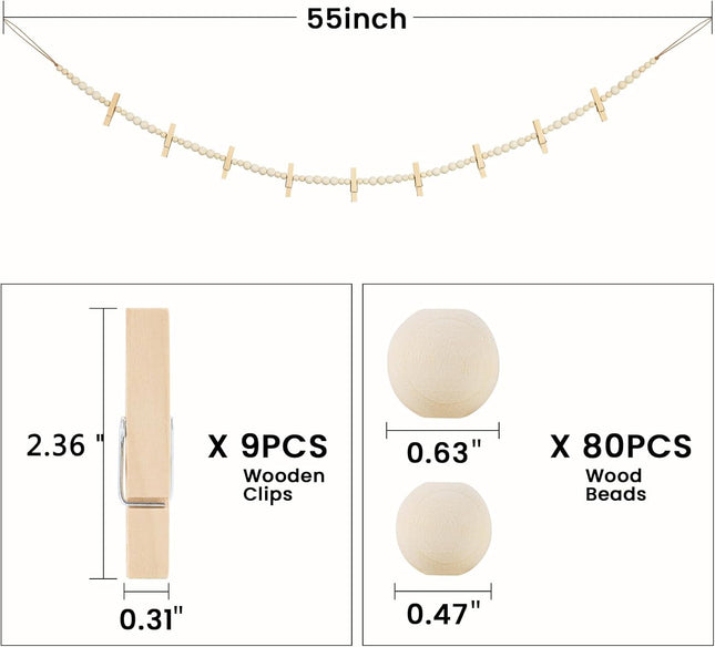 Hanging Photo Display Wall Decor, 2PCS Boho Wooden Bead Garland Collage Picture Frame with 9 Wood Clips for Bedroom, Living Room, Office, Dorm Decor, Photos Holder Teen Girl s
