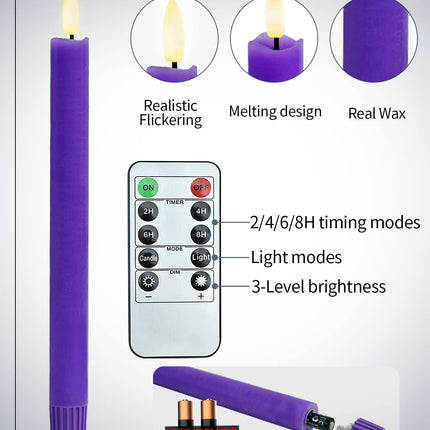 SHYMERY Flameless Advent Candles,Real Wax Battery Operated Electric LED Taper Candles with Remote Timer, Set of 4 Purple & Pink Flickering for Wreath Thanksgiving Christmas Outdoor Centerpieces