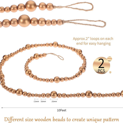Boao 20 Feet Christmas Wooden Beaded Garland Rustic Farmhouse Bead Wall Hanging Decor Natural Tree Garland Wall Hanging Prayer Beads for Christmas Day (Gold)