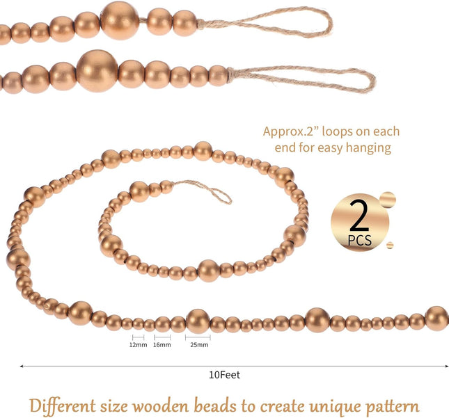 Boao 20 Feet Christmas Wooden Beaded Garland Rustic Farmhouse Bead Wall Hanging Decor Natural Tree Garland Wall Hanging Prayer Beads for Christmas Day (Gold)