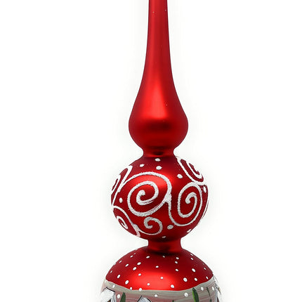Christmas Tree Topper Spitz Glass Blown, Hand-Decorated White Embellishments (12 Inch, Red Matt)