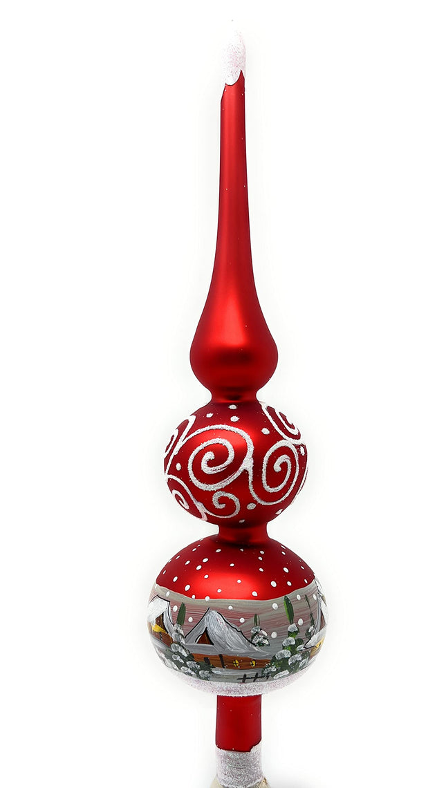 Christmas Tree Topper Spitz Glass Blown, Hand-Decorated White Embellishments (12 Inch, Red Matt)