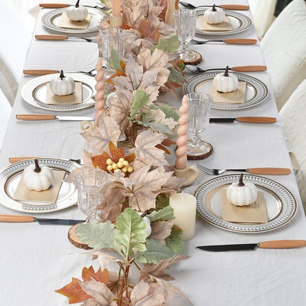Artiflr 2 Pack Fall Garland Maple Leaf, Hanging Vine Garland Artificial Autumn Foliage Garland with White Pumpkins Thanksgiving Decor for Home Fireplace Party Christmas (White - 2 Pack)