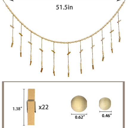 Hanging Photo Display, Wooden Bead Garland, Boho Style Collage Photo Frame Decoration for Dorms, Classrooms, Bedrooms, Hanging Display Card Holder