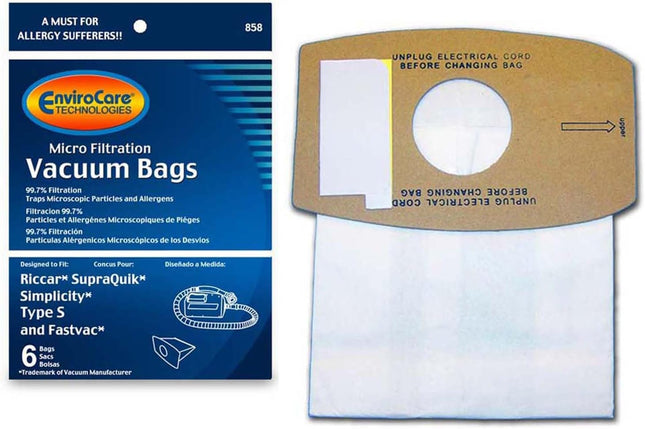 Envirocare Micro Filtration Vacuum Cleaner Dust Bags Made To Fit Riccar Supraquik And Simplicity Type S And Fastvac 6 Pack